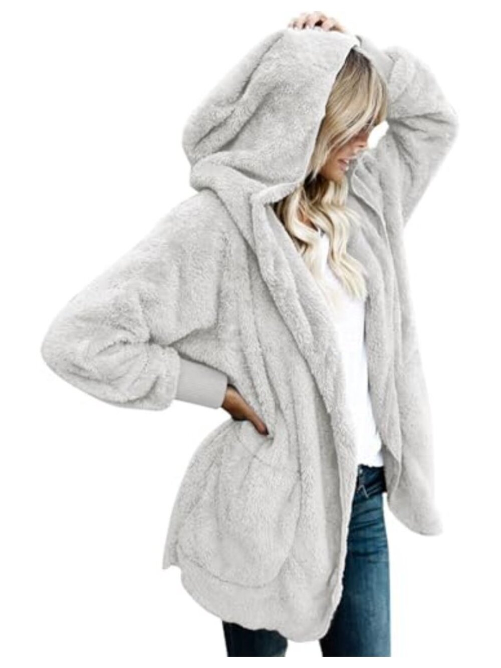 Womens Sherpa Fleece Hooded Open Front Cardigan Coat with Pockets Oversized